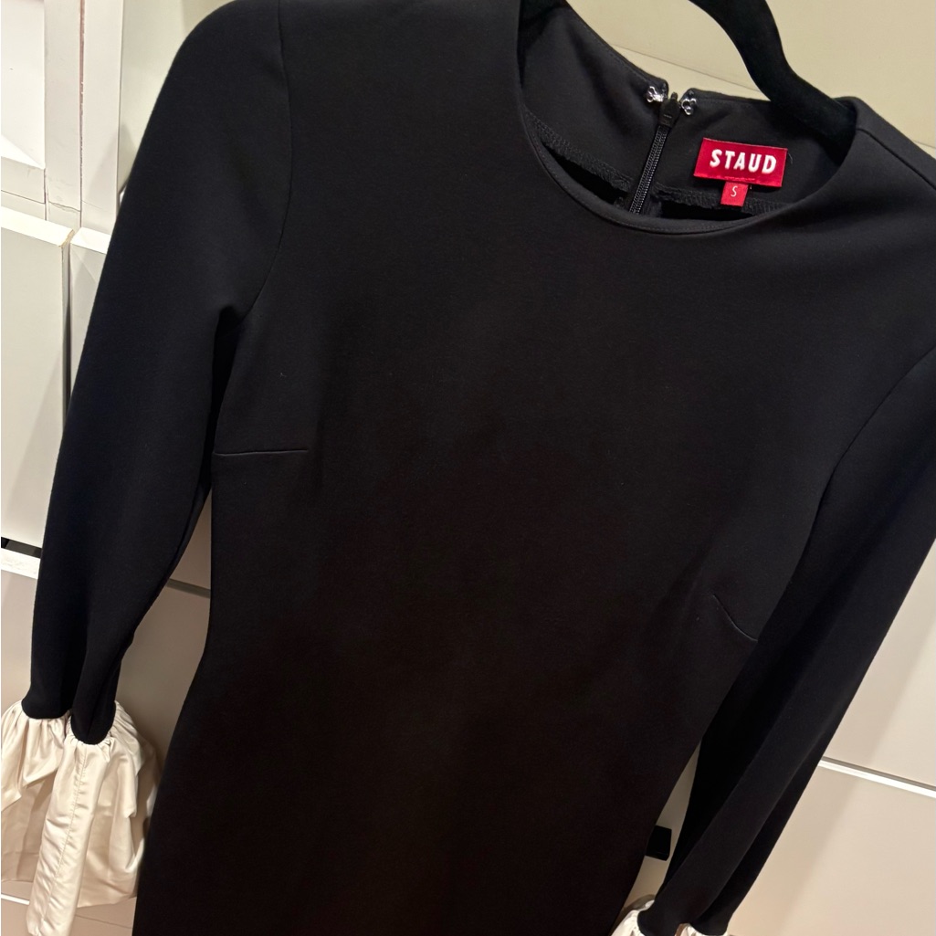 Staud Black Long-Sleeve Dress With White Ruffle Cuffs